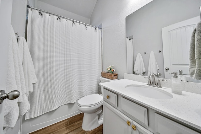 full bathroom featuring toilet, wood-type flooring, vanity, and shower / tub combo