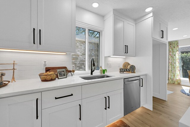2926 Cypress Point Dr, Missouri City, TX 77459 - kitchen featuring light wood-type flooring, stainless steel dishwasher, a sink, a wealth of natural light, and white cabinets