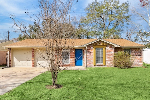 ranch-style home featuring a garage and a front yard