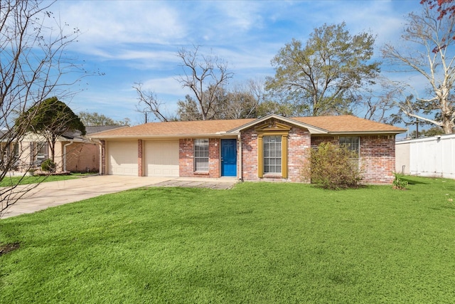 single story home featuring a front yard and a garage