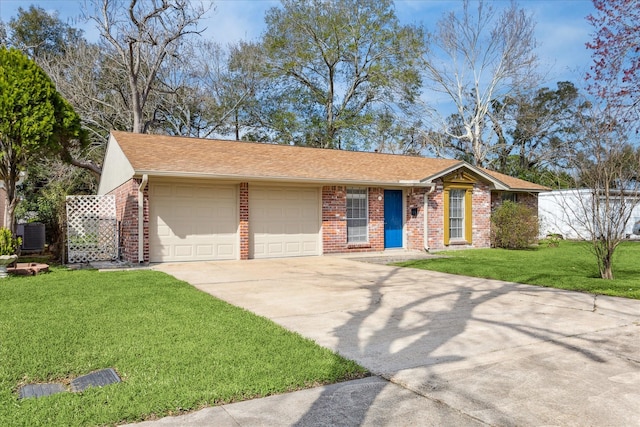 view of front of home featuring brick siding, concrete driveway, an attached garage, fence, and a front lawn