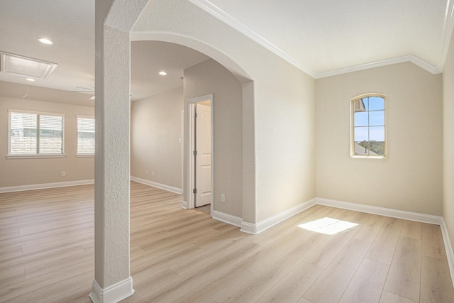 unfurnished room with crown molding, recessed lighting, light wood-type flooring, and baseboards