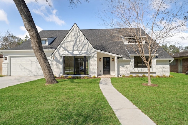 view of front of property with concrete driveway, brick siding, an attached garage, and a front lawn