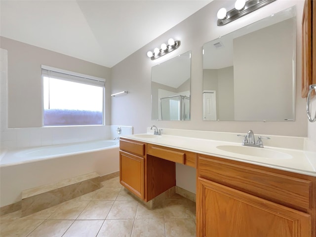 bathroom featuring lofted ceiling, tile patterned flooring, independent shower and bath, and vanity