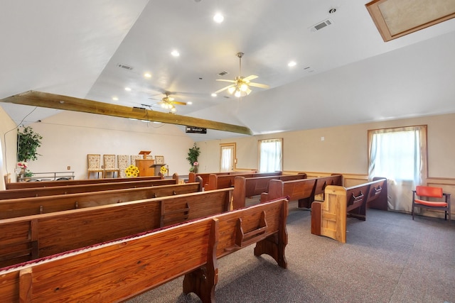 game room featuring carpet, visible vents, and vaulted ceiling