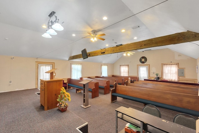 game room with recessed lighting, visible vents, lofted ceiling with beams, carpet flooring, and ceiling fan