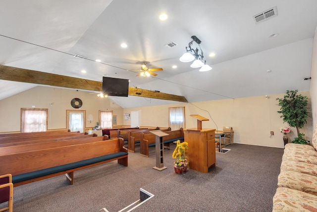 game room with lofted ceiling with beams, ceiling fan, visible vents, and dark carpet