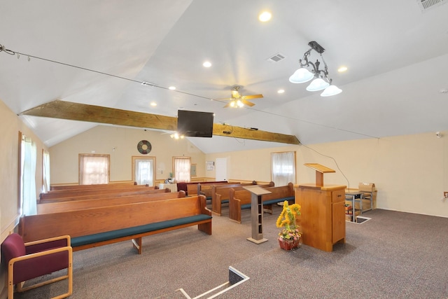 game room featuring vaulted ceiling with beams, ceiling fan, visible vents, and carpet flooring