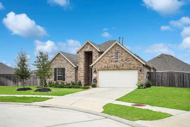 traditional home with brick siding, a front lawn, and fence