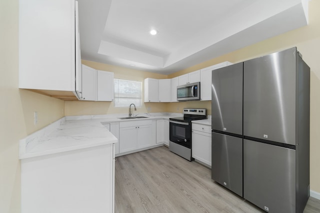 kitchen with light wood finished floors, appliances with stainless steel finishes, a tray ceiling, white cabinetry, and a sink