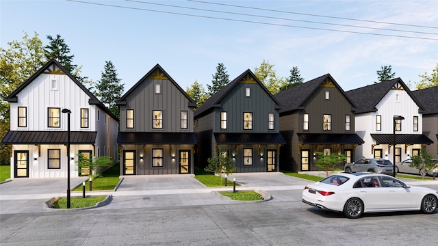 modern inspired farmhouse featuring board and batten siding, a residential view, and a standing seam roof