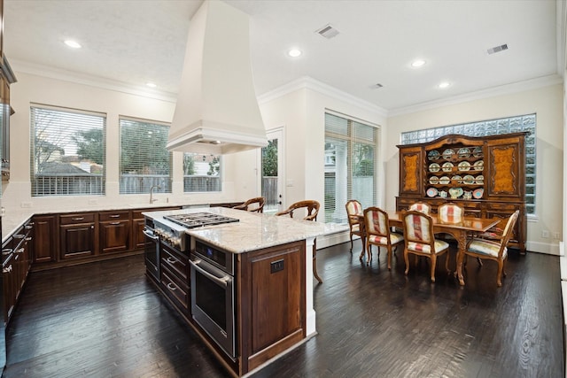 kitchen with dark wood-style floors, a center island, custom exhaust hood, stainless steel appliances, and a sink