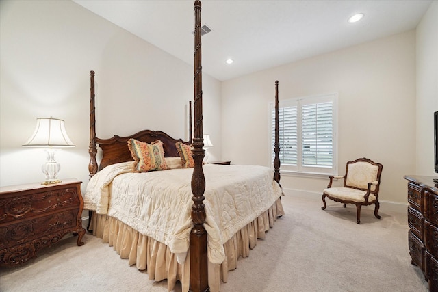 bedroom featuring recessed lighting, light carpet, visible vents, baseboards, and vaulted ceiling