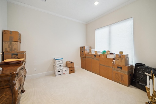 interior space featuring ornamental molding, recessed lighting, light colored carpet, and baseboards