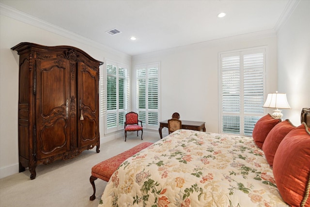 bedroom featuring recessed lighting, light colored carpet, visible vents, baseboards, and ornamental molding