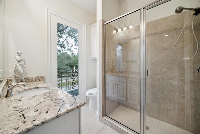 bathroom featuring toilet, tile patterned floors, a shower stall, and vanity