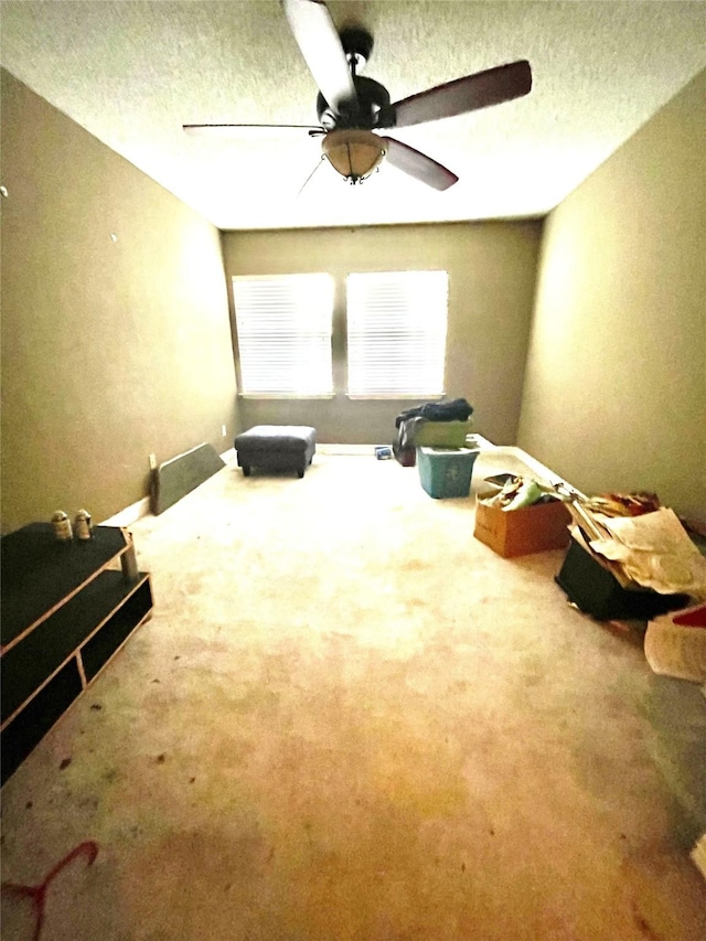 misc room with ceiling fan, carpet floors, and a textured ceiling