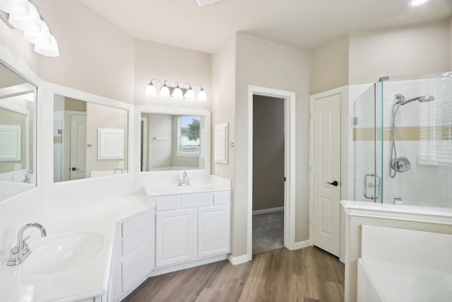 bathroom featuring a sink, double vanity, wood finished floors, and a shower stall