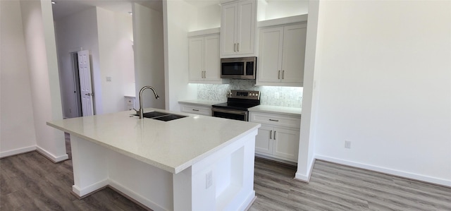 kitchen featuring sink, a center island with sink, tasteful backsplash, and stainless steel appliances