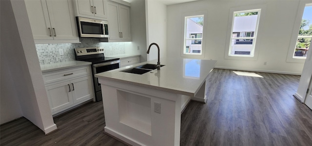 kitchen featuring white cabinets, stainless steel appliances, a kitchen island with sink, and sink