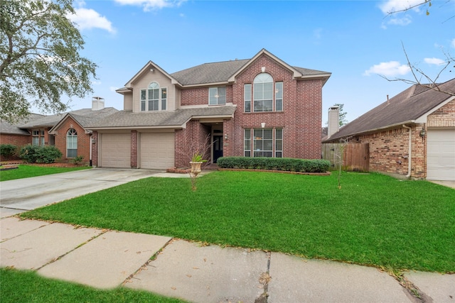 view of front of property featuring driveway, a garage, fence, a front yard, and brick siding