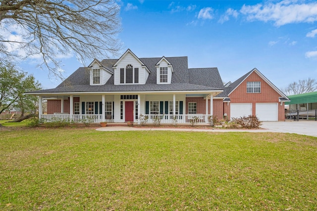 view of front of house featuring a garage, a porch, a front lawn, and brick siding