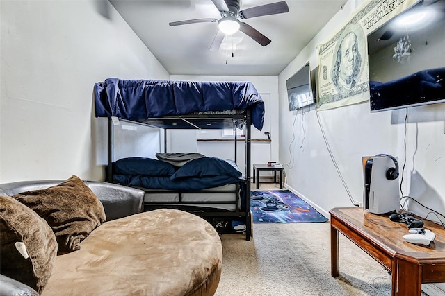 bedroom featuring carpet and ceiling fan