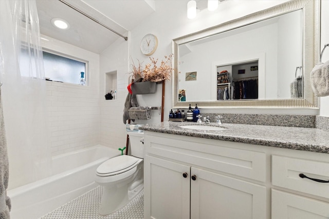 full bathroom with toilet, vanity, tile patterned flooring, and shower / bath combination with curtain