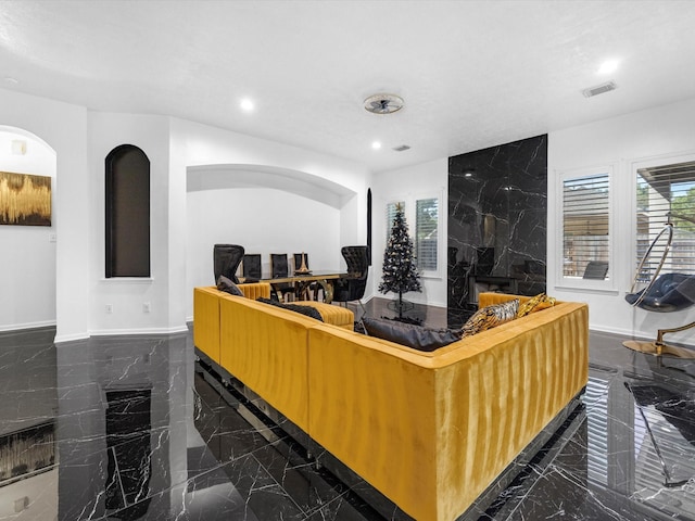 living room with a fireplace