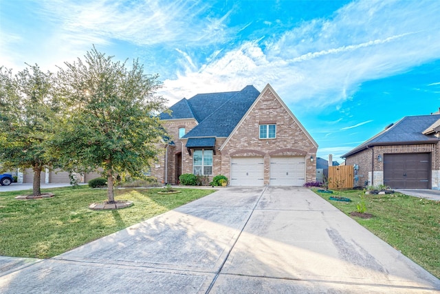 view of front of property featuring brick siding, a shingled roof, a garage, driveway, and a front lawn