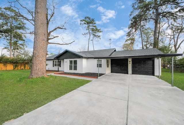 ranch-style home featuring a front lawn and a garage