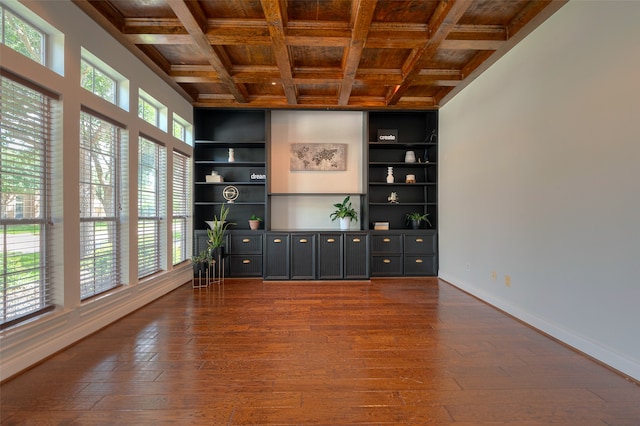 unfurnished living room featuring built in shelves, beam ceiling, wood ceiling, coffered ceiling, and hardwood / wood-style floors