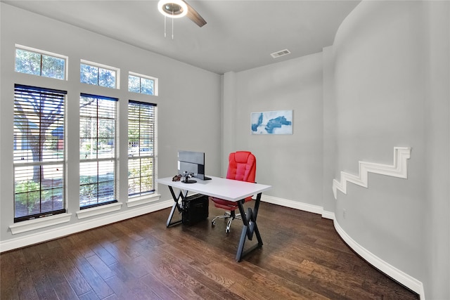 office with ceiling fan and dark hardwood / wood-style floors