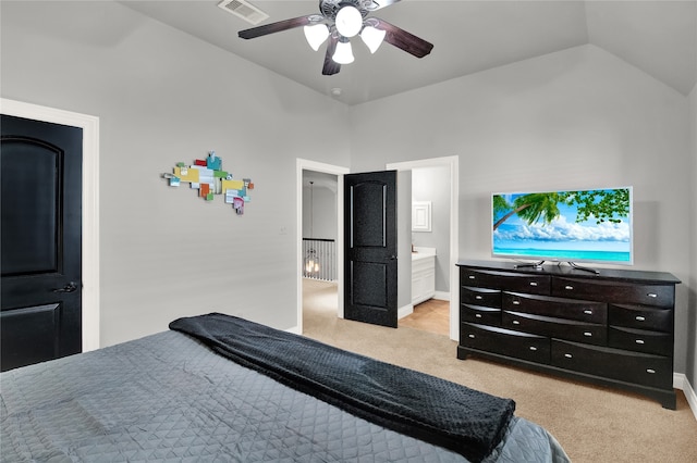 carpeted bedroom featuring ceiling fan and vaulted ceiling