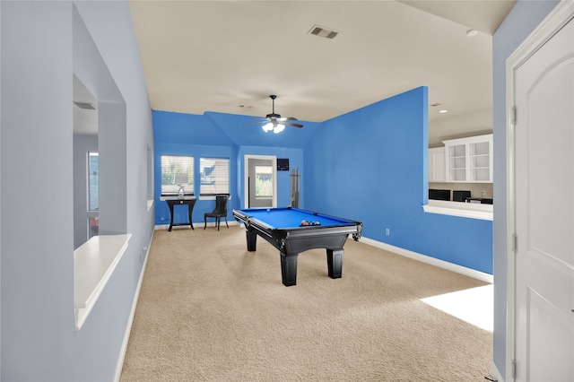 game room featuring vaulted ceiling, pool table, light colored carpet, and ceiling fan