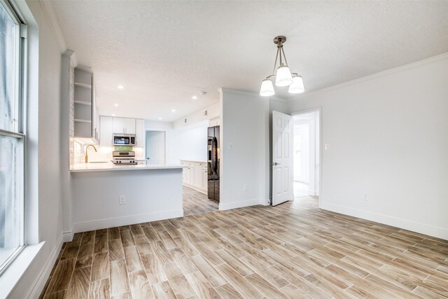 interior space with white cabinets, light hardwood / wood-style flooring, stainless steel appliances, and kitchen peninsula