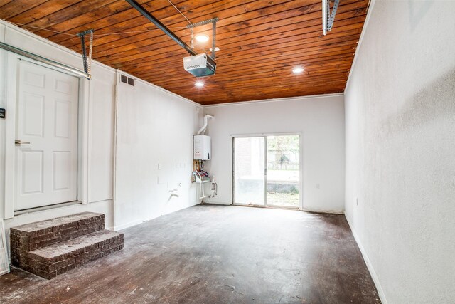 garage featuring a garage door opener, wooden ceiling, and tankless water heater