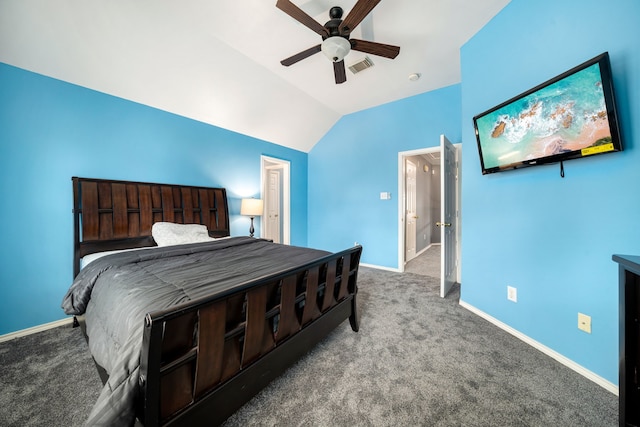 carpeted bedroom with lofted ceiling and ceiling fan