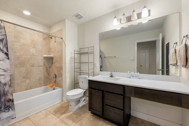 full bathroom with tile patterned floors, shower / bathtub combination with curtain, toilet, and vanity