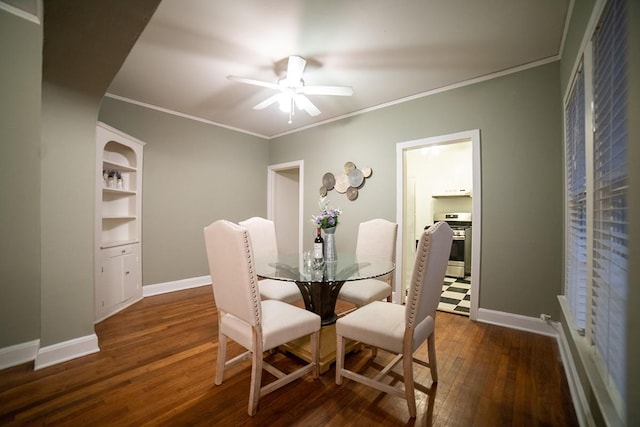 dining area with ornamental molding, ceiling fan, dark wood-type flooring, and baseboards