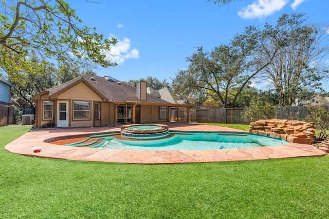 view of pool featuring central AC unit, an in ground hot tub, and a lawn