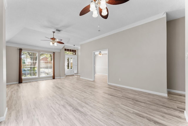 unfurnished living room with ornamental molding, light hardwood / wood-style flooring, and ceiling fan