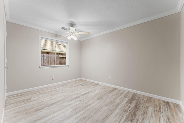 unfurnished room with ceiling fan, light hardwood / wood-style flooring, a textured ceiling, and ornamental molding