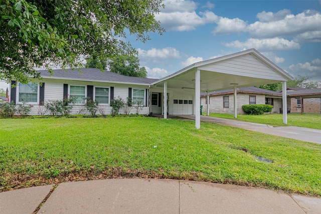 single story home with a front yard and a carport