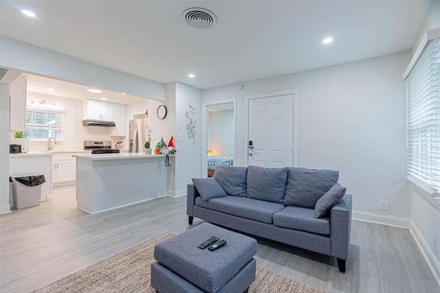 living room with light wood-type flooring and sink