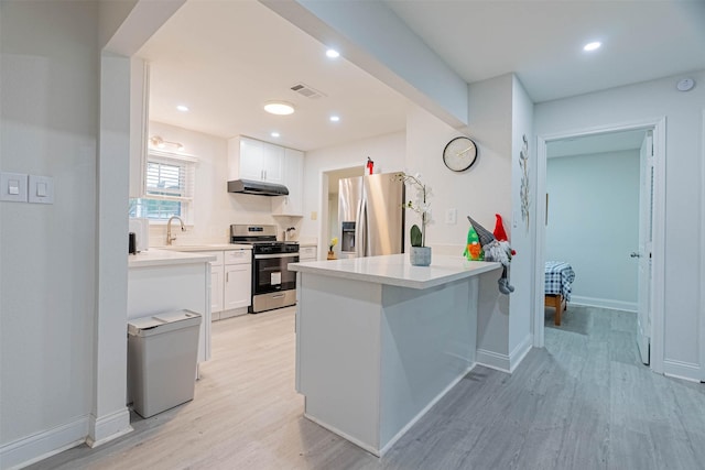 kitchen featuring kitchen peninsula, stainless steel appliances, light hardwood / wood-style floors, sink, and white cabinets