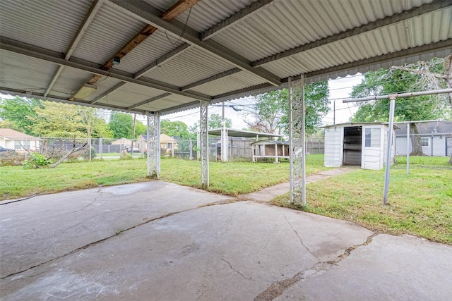 view of patio with a shed