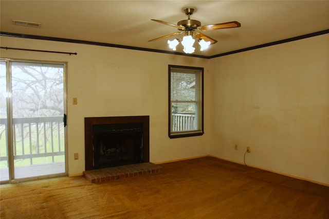 418 Garland Dr Unit 222, Lake Jackson, TX 77566 - unfurnished living room with a fireplace, visible vents, crown molding, and carpet flooring