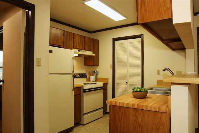 418 Garland Dr Unit 222, Lake Jackson, TX 77566 - kitchen featuring white appliances, brown cabinets, a sink, and under cabinet range hood