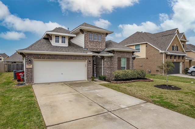 view of front of house featuring driveway, brick siding, and a front yard